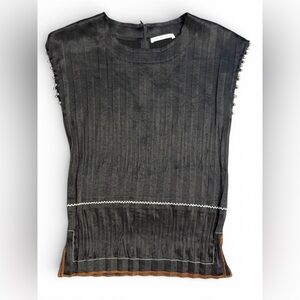 Helmut Lang Black Crinkle Pleated Sateen Top with Silver Bead Accents